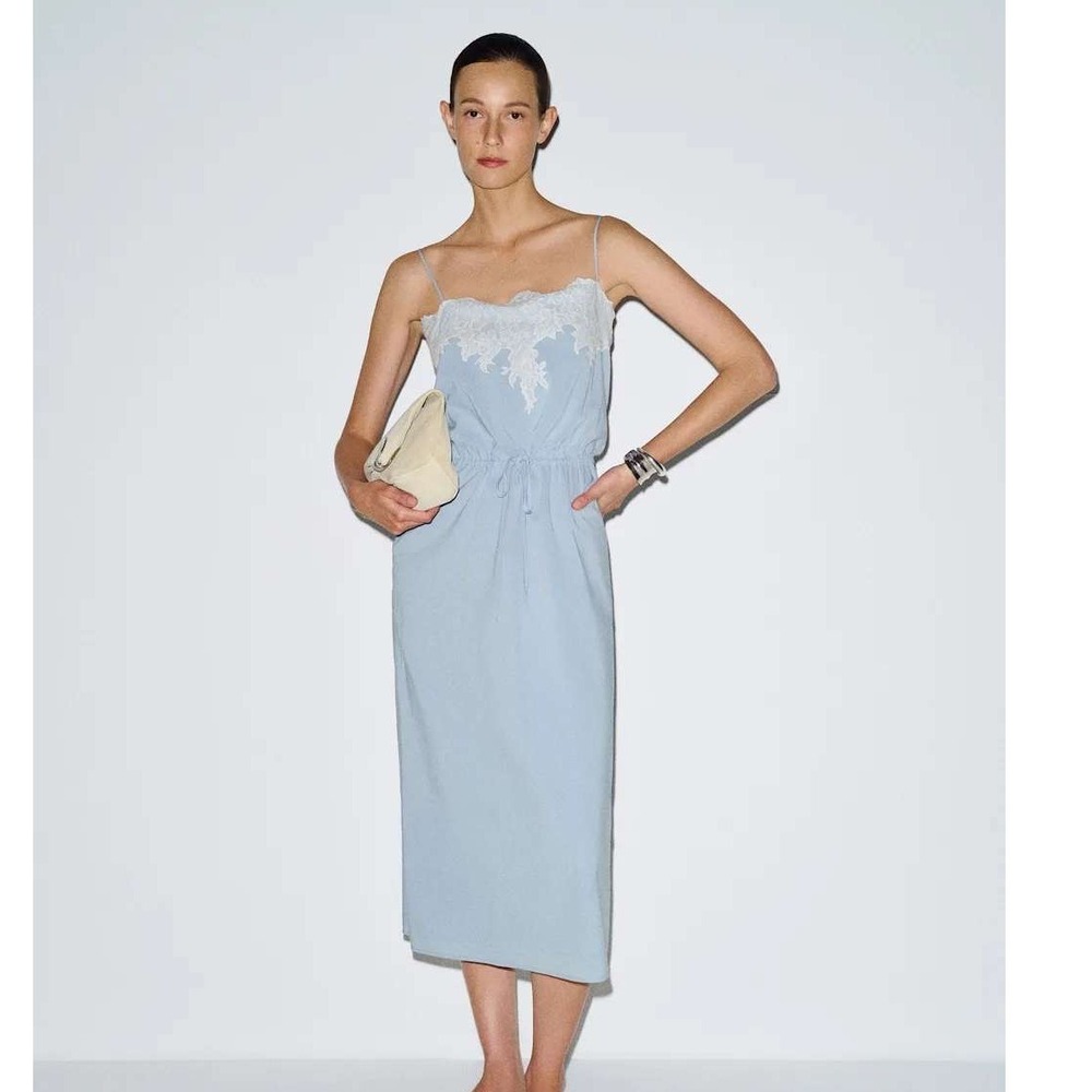 Reformation Alondra Dress Mineral Blue Lace Trim Midi 8 NWT Retails $298